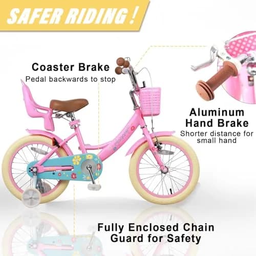 Glerc Maggie Girls Bike, 16 Inch Kids Bike for 4-7 Years Old Children, Princess Style Kids Bicycle with Doll-Seat & Basket & Training Wheels, Pink | Princess Style Kids Bicycle thumbnail 3
