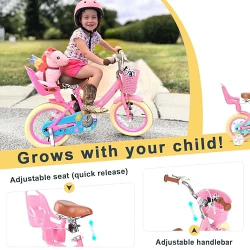 Glerc Maggie Girls Bike, 16 Inch Kids Bike for 4-7 Years Old Children, Princess Style Kids Bicycle with Doll-Seat & Basket & Training Wheels, Pink | Princess Style Kids Bicycle thumbnail 4