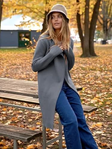 ANRABESS Women's Long Cardigan Sweater Dark Grey Small | V-Neck Knit Warm Trench Coatigan thumbnail 3
