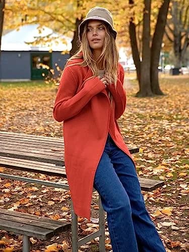 ANRABESS Women's Long Cardigan Sweater V-Neck Acrylic Blend Orange Small | Cozy & Versatile Fall Fashion thumbnail 3