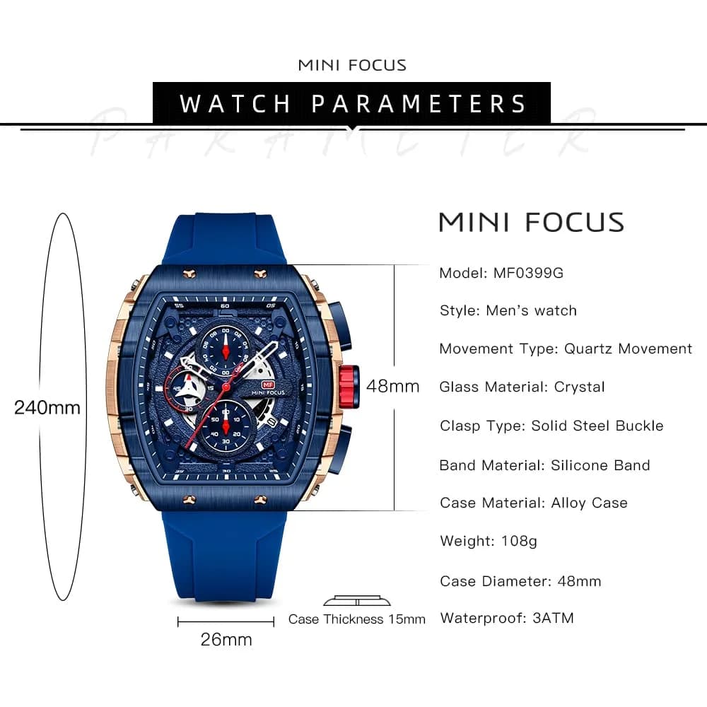 MF MINI FOCUS Men's Tonneau Chronograph Watch | 48mm Alloy Steel Case, 30M Water Resistant, Luminous Dial - view 6