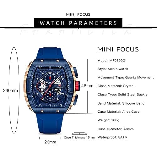 MF MINI FOCUS Men's Tonneau Chronograph Watch | 48mm Alloy Steel Case, 30M Water Resistant, Luminous Dial thumbnail 6