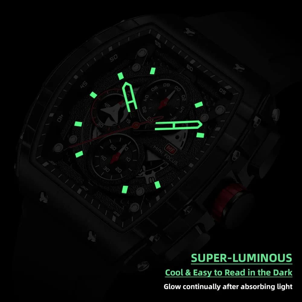 MF MINI FOCUS Men's All Black Tonneau Chronograph Watch | 48mm Alloy Steel, 30M Water Resistant, Luminous Dial - view 4