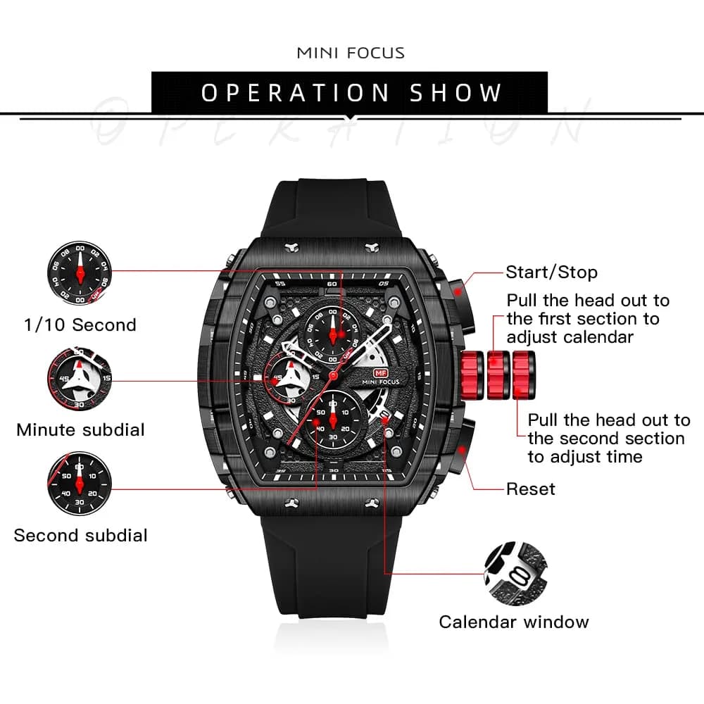 MF MINI FOCUS Men's Fashion Tonneau Chronograph Watch 45mm (1.77 inches) | Water Resistant Luminous Quartz Watch - view 5