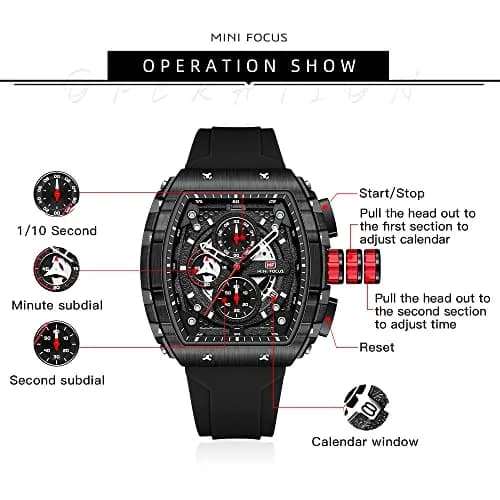 MF MINI FOCUS Men's Fashion Tonneau Chronograph Watch 45mm (1.77 inches) | Water Resistant Luminous Quartz Watch thumbnail 5