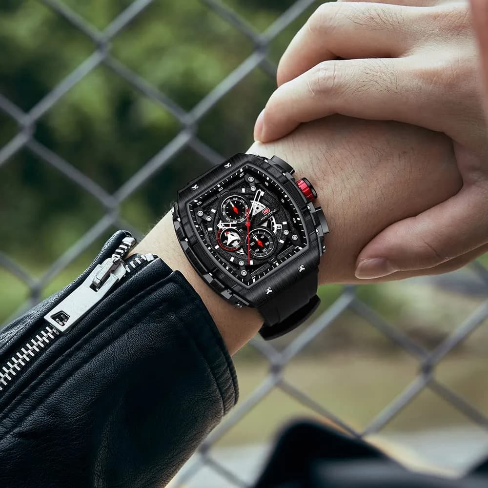MF MINI FOCUS Men's All Black Tonneau Chronograph Watch | 48mm Alloy Steel, 30M Water Resistant, Luminous Dial - view 3