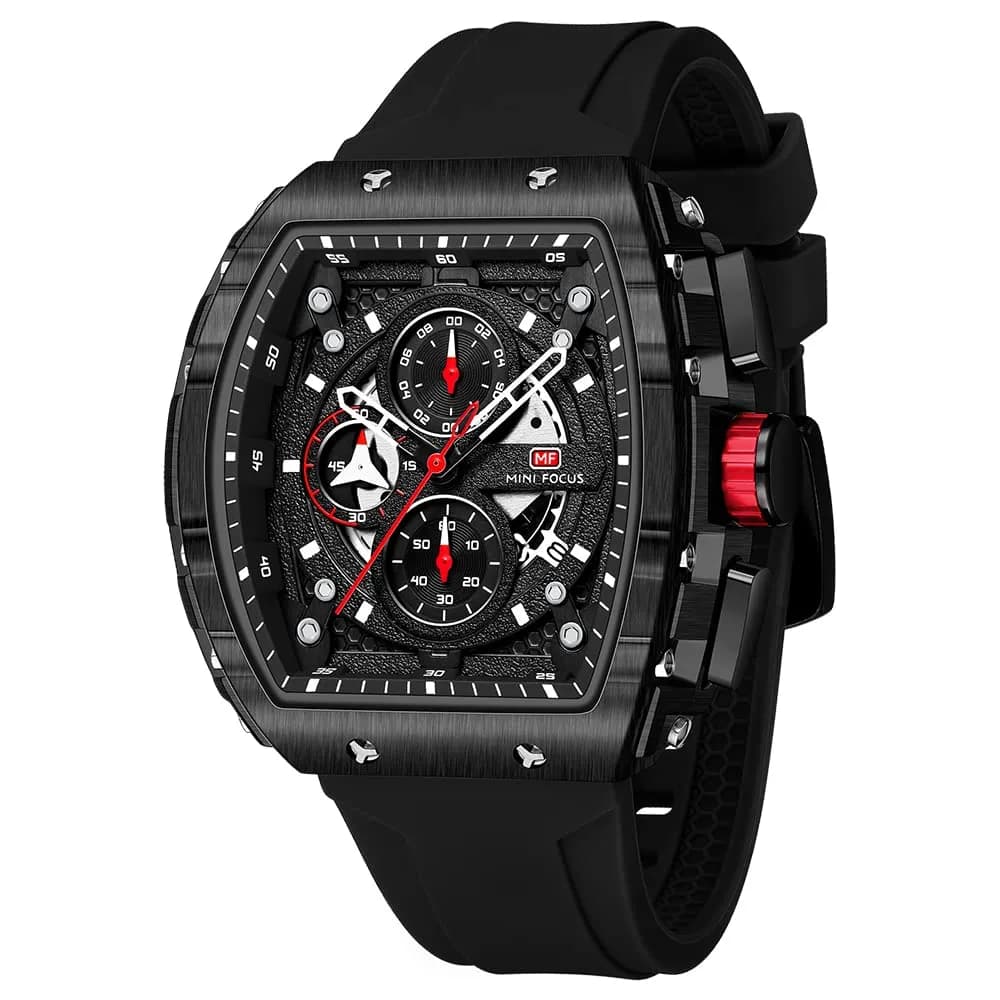 MF MINI FOCUS Men's Tonneau Chronograph Watch | 48mm Alloy Steel Case, 30M Water Resistant, Luminous Dial — All_Black