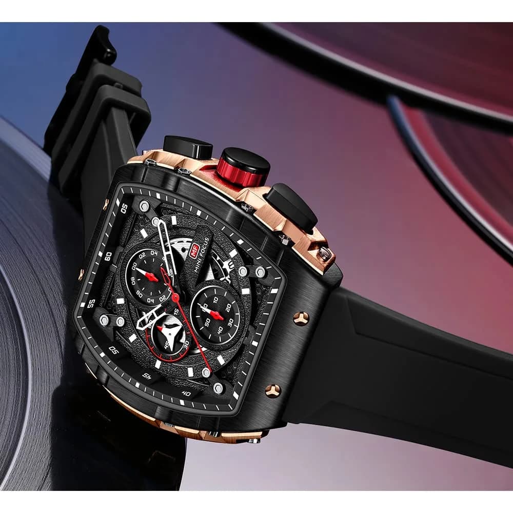 MF MINI FOCUS Men's Black & Golden Tonneau Chronograph Watch | 48mm Alloy Steel, Luminous Dial - view 2