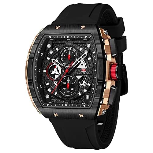 MF MINI FOCUS Men's Tonneau Chronograph Watch | 48mm Alloy Steel Case, 30M Water Resistant, Luminous Dial — Black_Golden