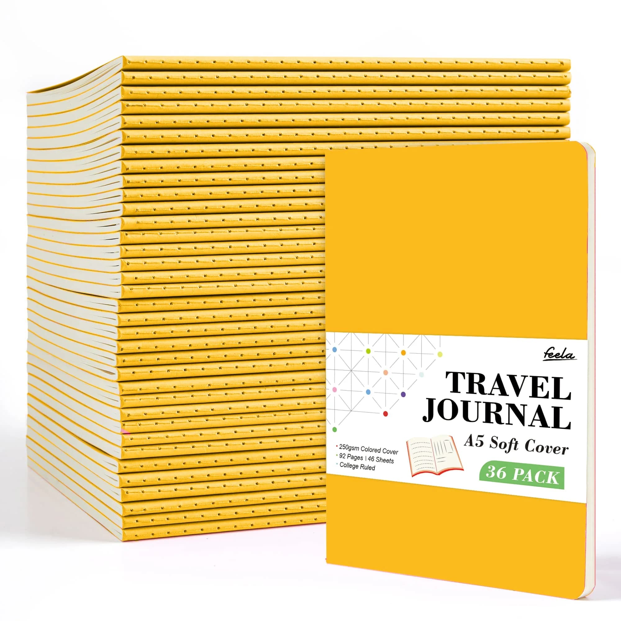 Feela 36 Pack Soft Cover Notebooks | A5 Yellow Travel & School Journals for Women Men — 36 Yellow