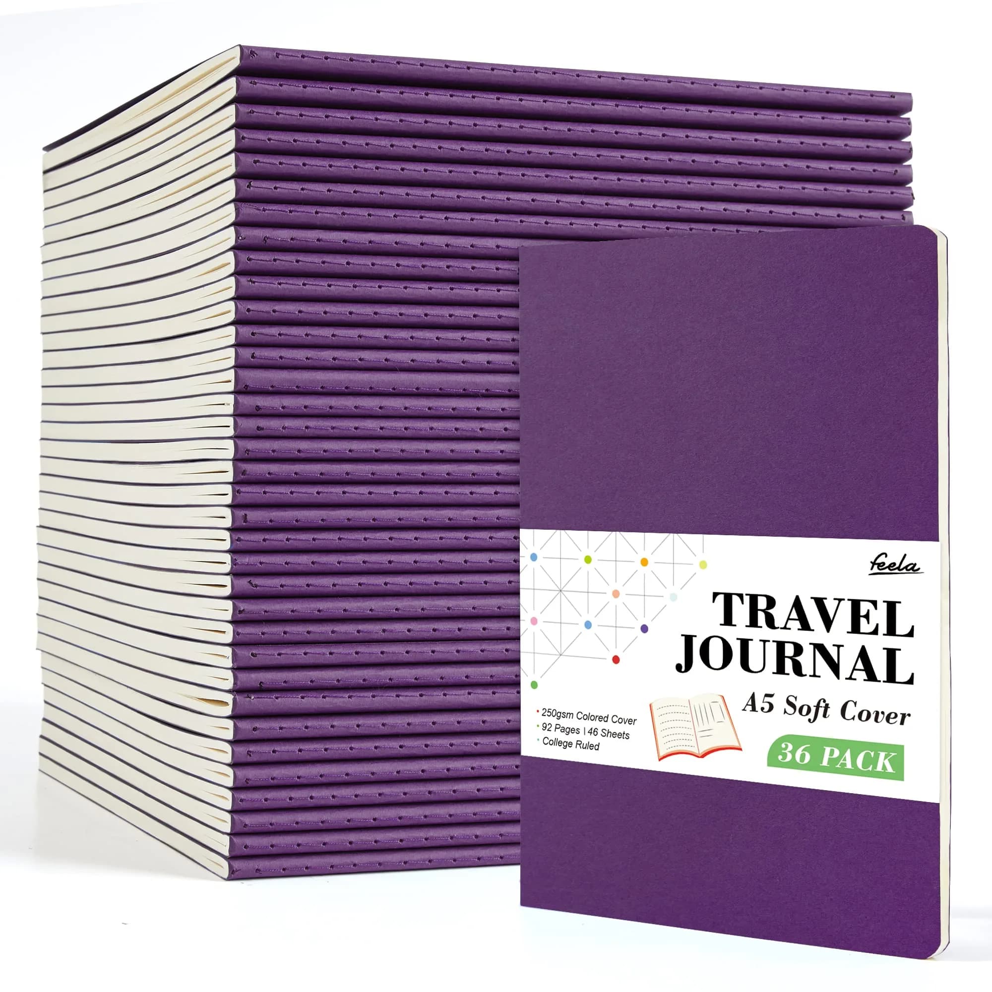 Feela 36 Pack Soft Cover Journal 8.2” x 5.5” | Bulk Travel & Note Book for Women Men