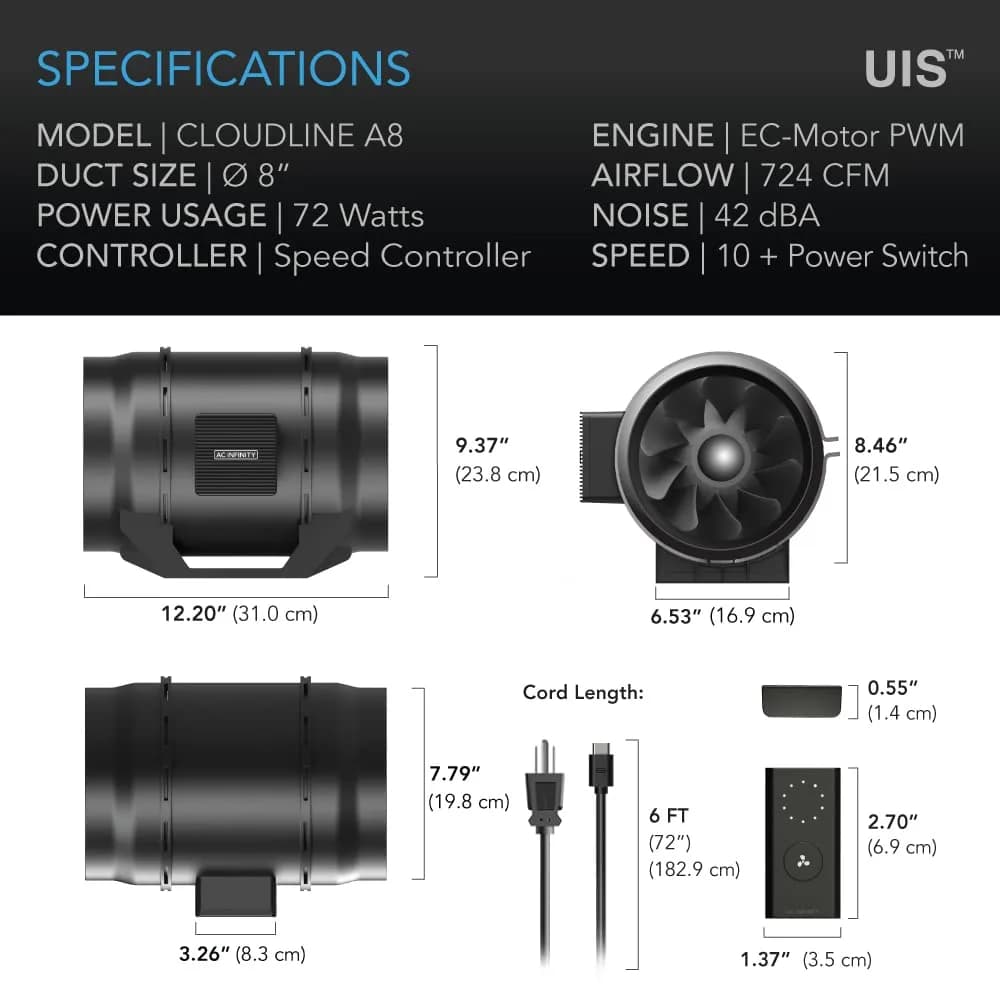 AC Infinity CLOUDLINE A8 Inline Duct Fan 200mm (8-Inch) | Quiet EC Motor Ventilation for Grow Tents - view 6