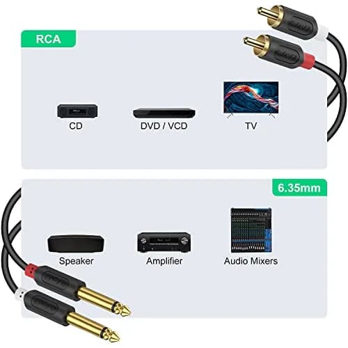 J&D Dual 1/4 inch TS to Dual RCA Stereo Audio Interconnect Cable, Gold Plated 1.83 m (6 Feet) | Connects Audio Devices thumbnail 3