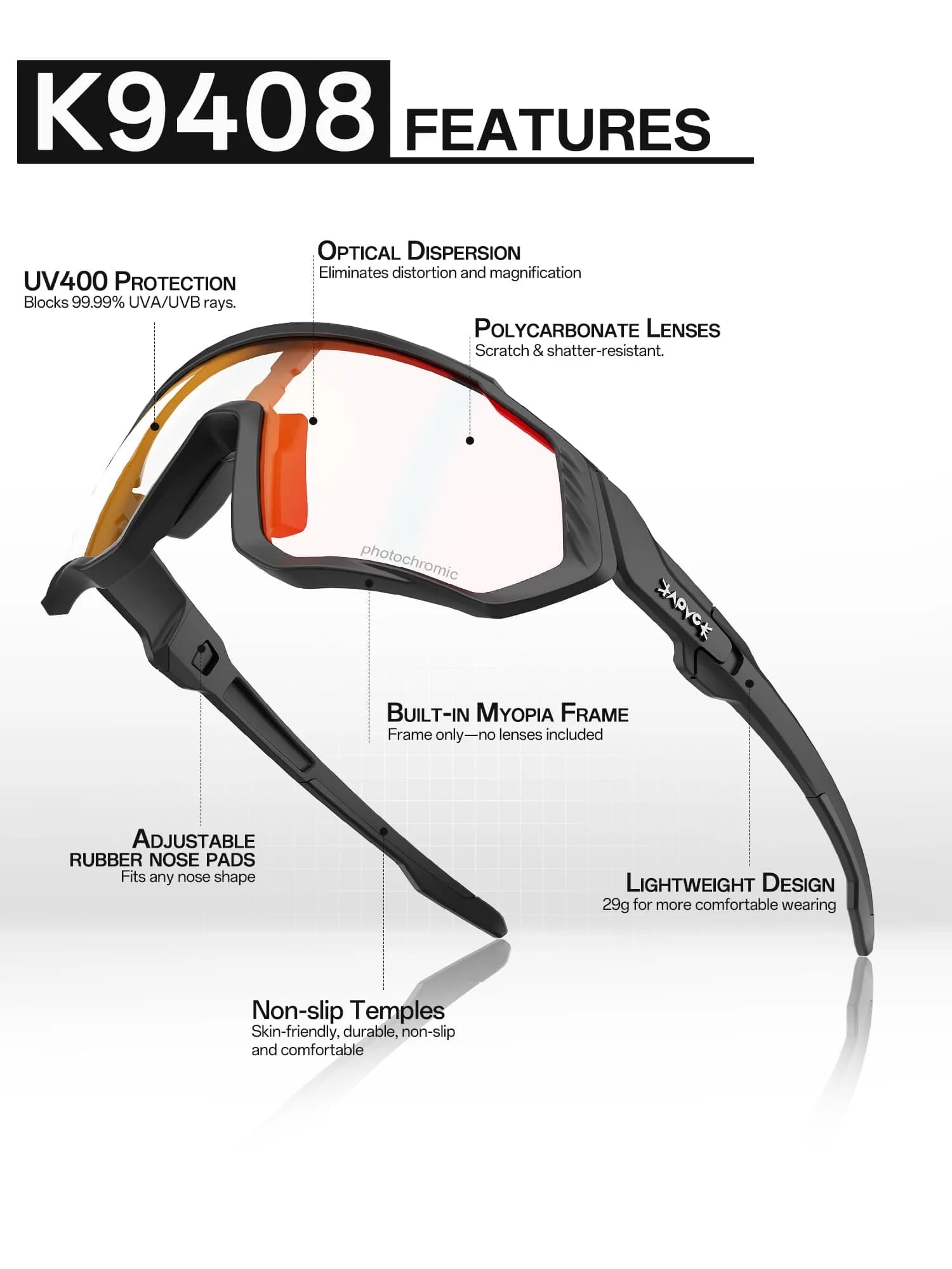 KAPVOE Photochromic Cycling Glasses - Striking Red Frame | Adapts to UV Light - view 4