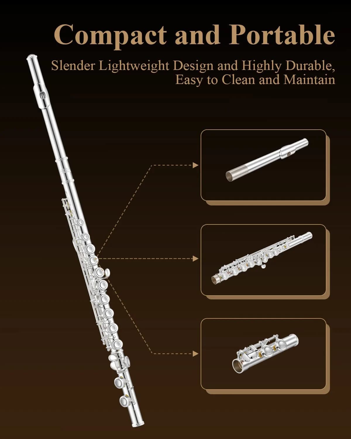 Eastar EFL-1S 16-Key Closed Hole C Flute Kit | Silver Plated Beginner Transverse Flute with Case & Cleaning Tools - view 7