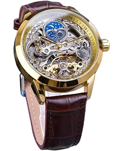 FORSINING Men's Skeleton Moon Phase Watch 43mm | Automatic Dual Time Zone Luxury Leather thumbnail 1
