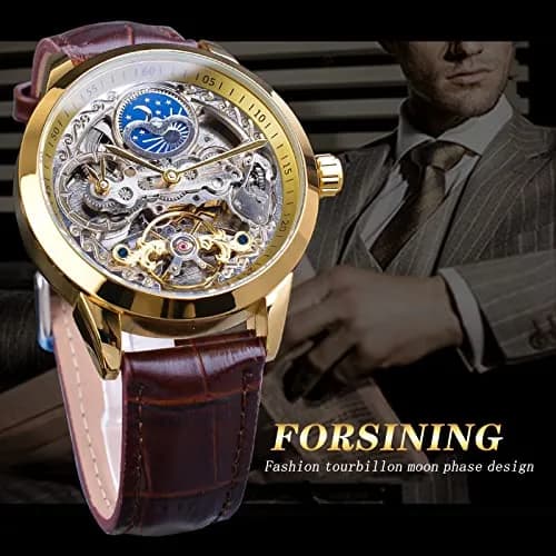 FORSINING Men's Skeleton Moon Phase Watch 43mm | Automatic Dual Time Zone Luxury Leather thumbnail 4