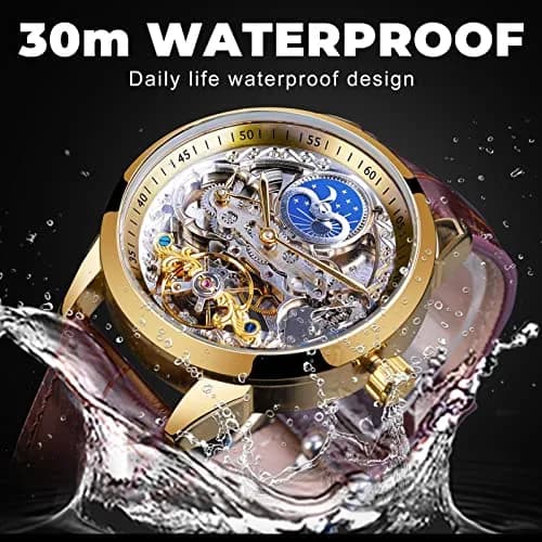 FORSINING Men's Skeleton Moon Phase Watch 43mm | Automatic Dual Time Zone Luxury Leather thumbnail 5