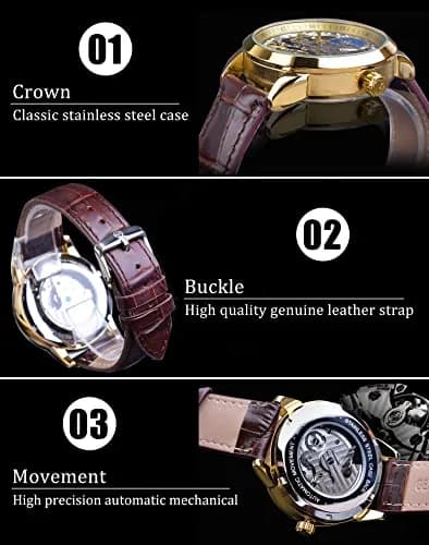 FORSINING Men's Skeleton Moon Phase Watch 43mm | Automatic Dual Time Zone Luxury Leather thumbnail 6
