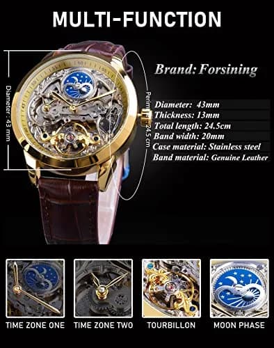 FORSINING Men's Skeleton Moon Phase Watch 43mm | Automatic Dual Time Zone Luxury Leather thumbnail 7