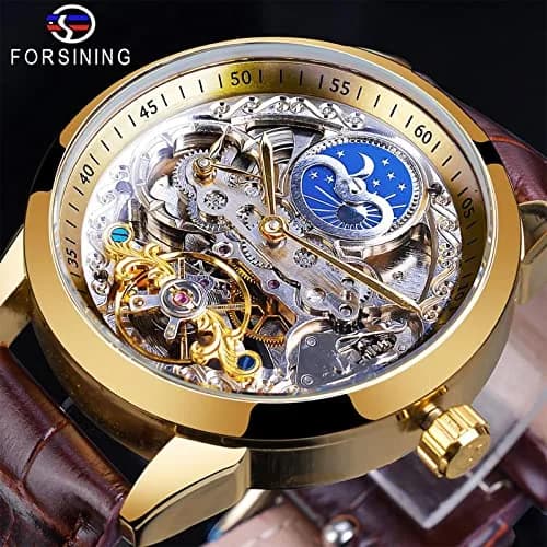 FORSINING Men's Skeleton Moon Phase Watch 43mm | Automatic Dual Time Zone Luxury Leather thumbnail 2