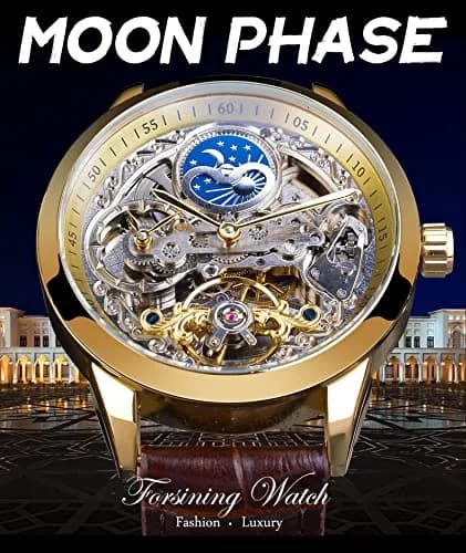 FORSINING Men's Skeleton Moon Phase Watch 43mm | Automatic Dual Time Zone Luxury Leather thumbnail 3