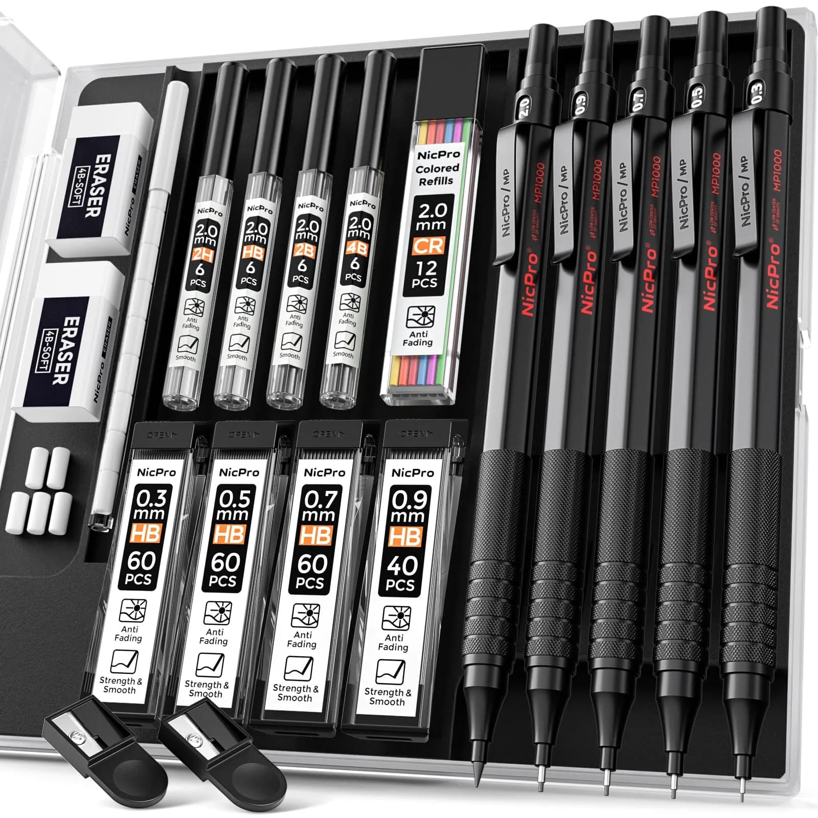Nicpro Mechanical Pencil Set 27PCS | Metal Drawing & Writing with Lead Eraser — Black