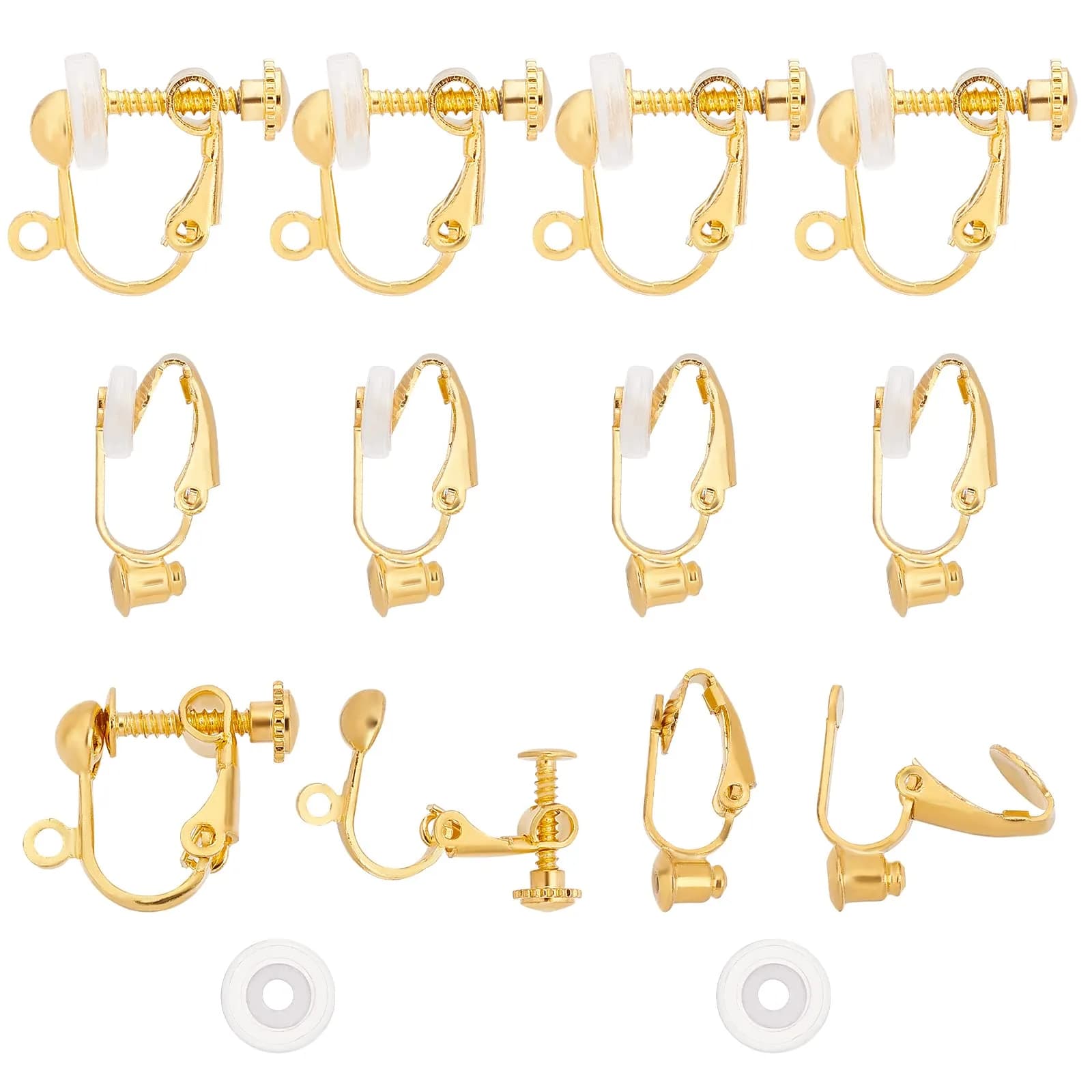 SUNNYCLUE Brass Clip-on Earring Findings Set - 12Pcs Golden Color Converter Posts & Dangles with Comfort Pads | Jewelry Making Supplies — 1 Box 12pcs 2 Stye Golden Color