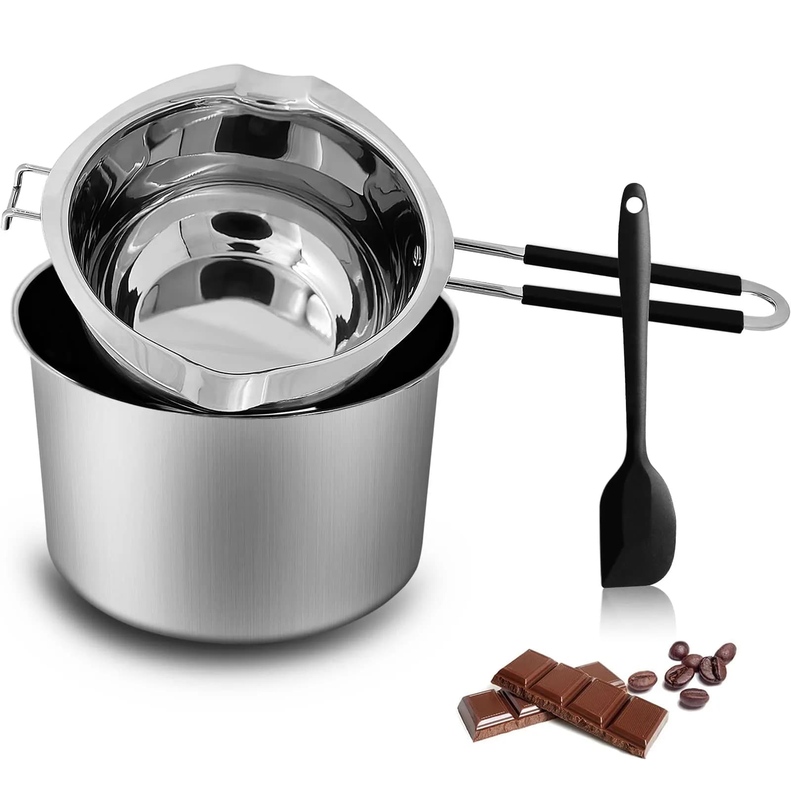 SONGZIMING Double Boiler Pot Set with Silicone Spatula, 1200ML + 2800ML Stainless Steel Pots | Induction Compatible