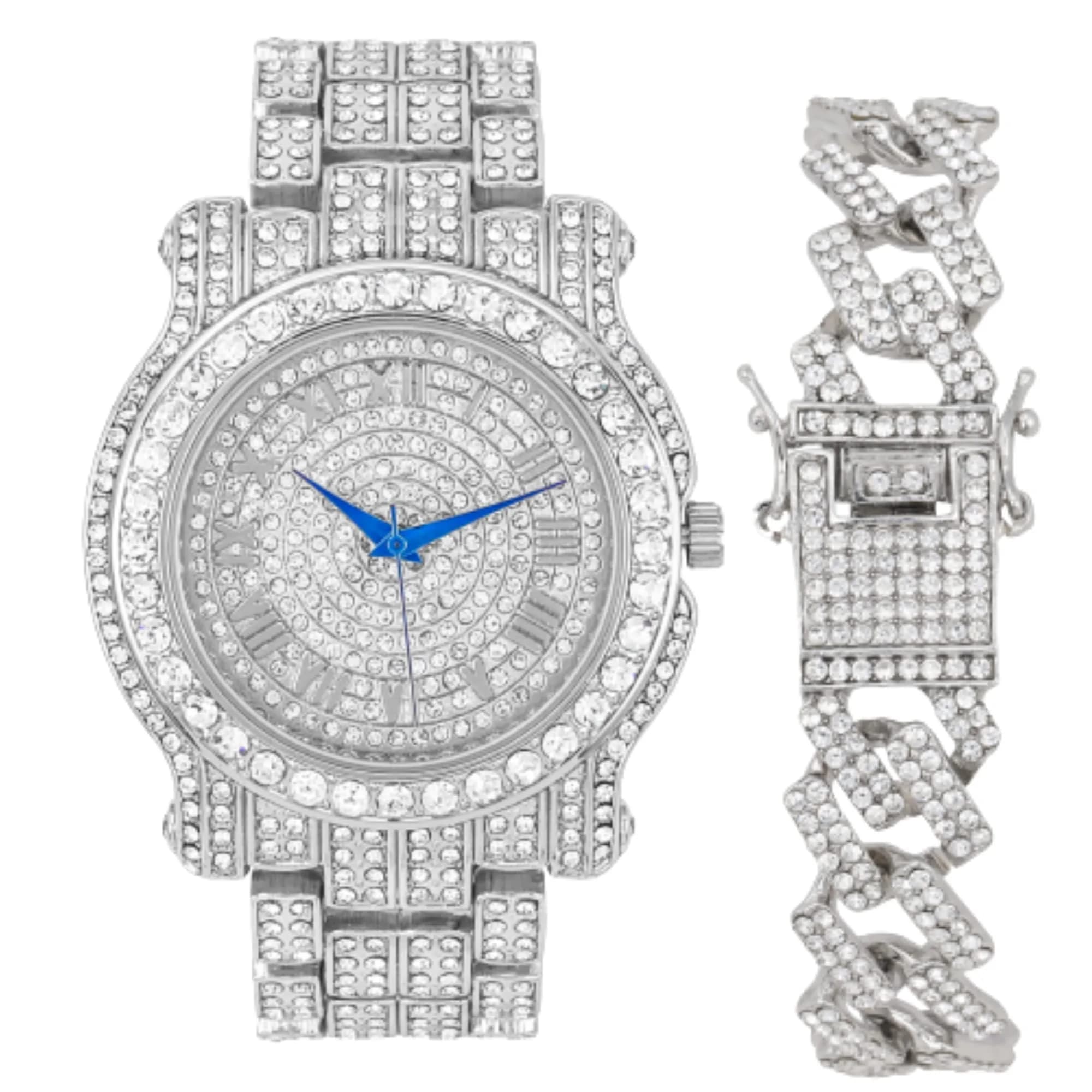 Charles Raymond Bling-ed Out Hip Hop Mens Watch 8.5 inch Silver | Iced Out Dial & Diamond Look — Slv/Slv w/ ZZ Cuban