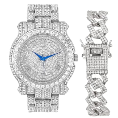 Charles Raymond Bling-ed Out Hip Hop Mens Watch 8.5 inch Silver | Iced Out Dial & Diamond Look thumbnail 1