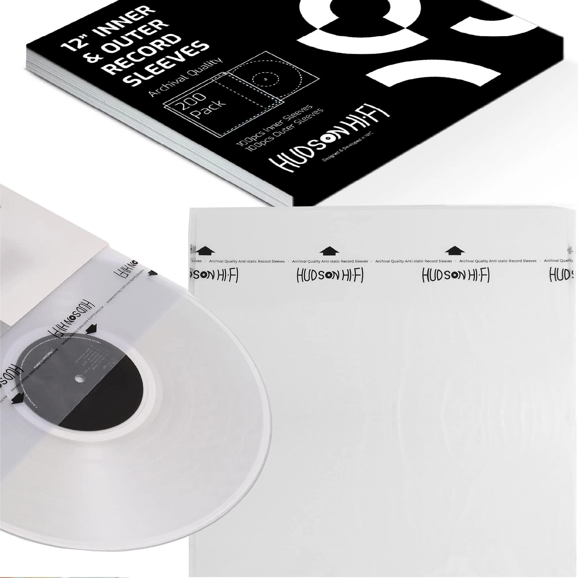 Hudson Hi-Fi 100 Inner & 100 Outer Vinyl Record Sleeves | 17.8 cm (7 in) Square — Transparent W/ White Paper