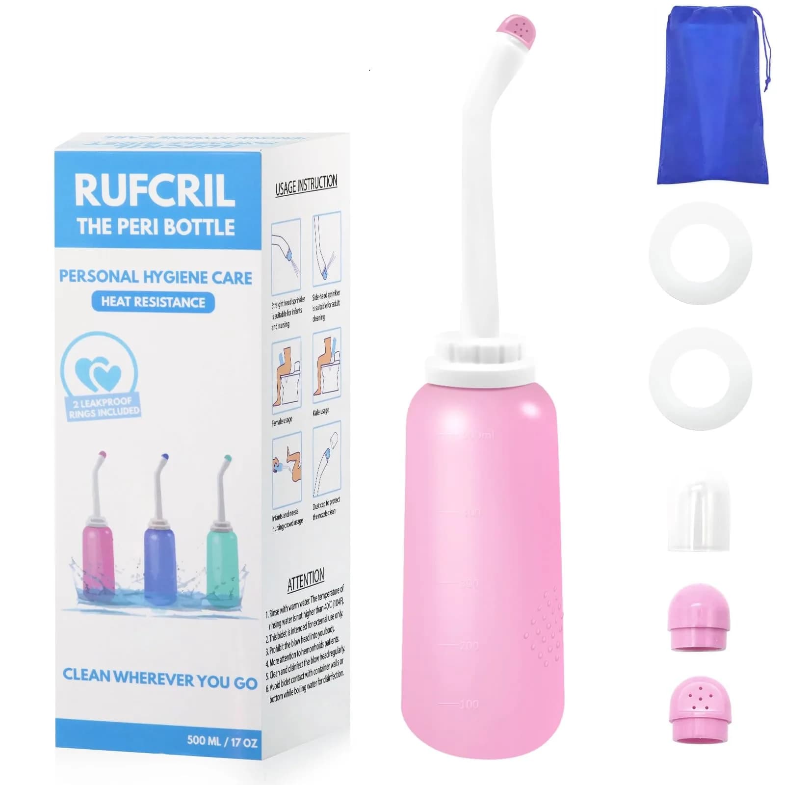RUFCRIL Peri Bottle Postpartum 500ml | Boilable TPE, Travel Bag, Feminine & Baby Care — Pink