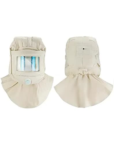 QWORK Sand Blasting Hood Cap with Clear Vision Face Shield and Neck Protector, White | Heavy Duty Canvas & Plastic thumbnail 2