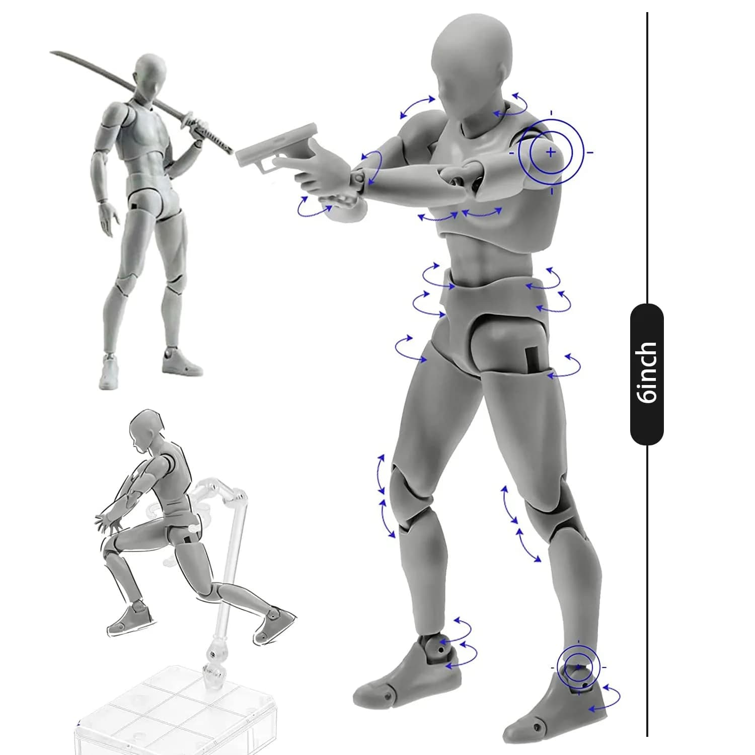 Haniforever Articulated Manikin Figure 15 cm (6 inch) Male Grey | Realistic Poseable Artist Model for Sketching - view 3