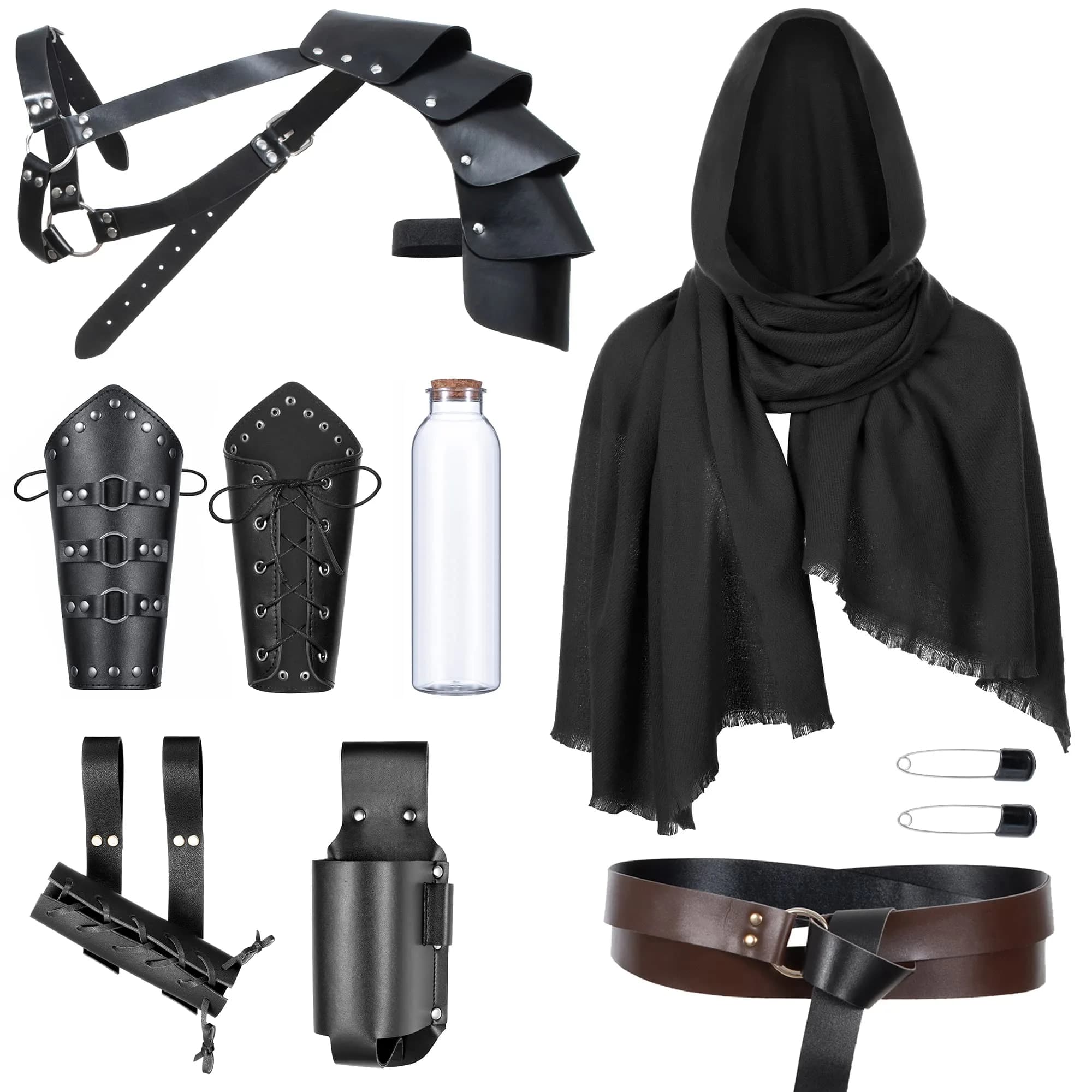 ALAMIYA Medieval Knight Leather Belt Shawl Men Renaissance Half Shoulder Cape Scarf Buckle Bracers Retro Magic Cork Potion Bottle Sword Frog Accessories — 1type-1