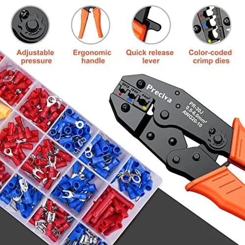 Preciva Ratcheting Wire Terminal Crimping Tool Kit AWG20-10 (0.5-6mm²) with 350PCS Insulated Connectors | Crimps Electrical Connections Reliably thumbnail 3