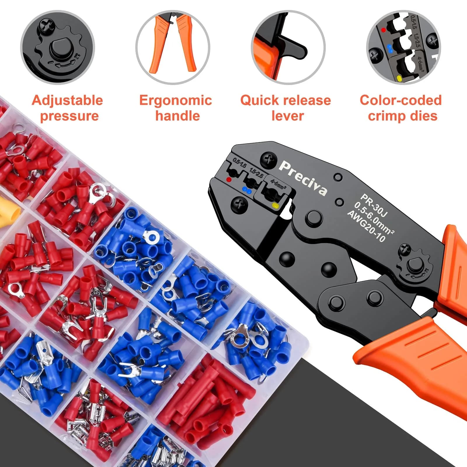 Preciva Ratcheting Wire Terminal Crimping Tool Kit AWG20-10 (0.5-6mm²) with 350PCS Insulated Connectors | Crimps Electrical Connections Reliably - view 3