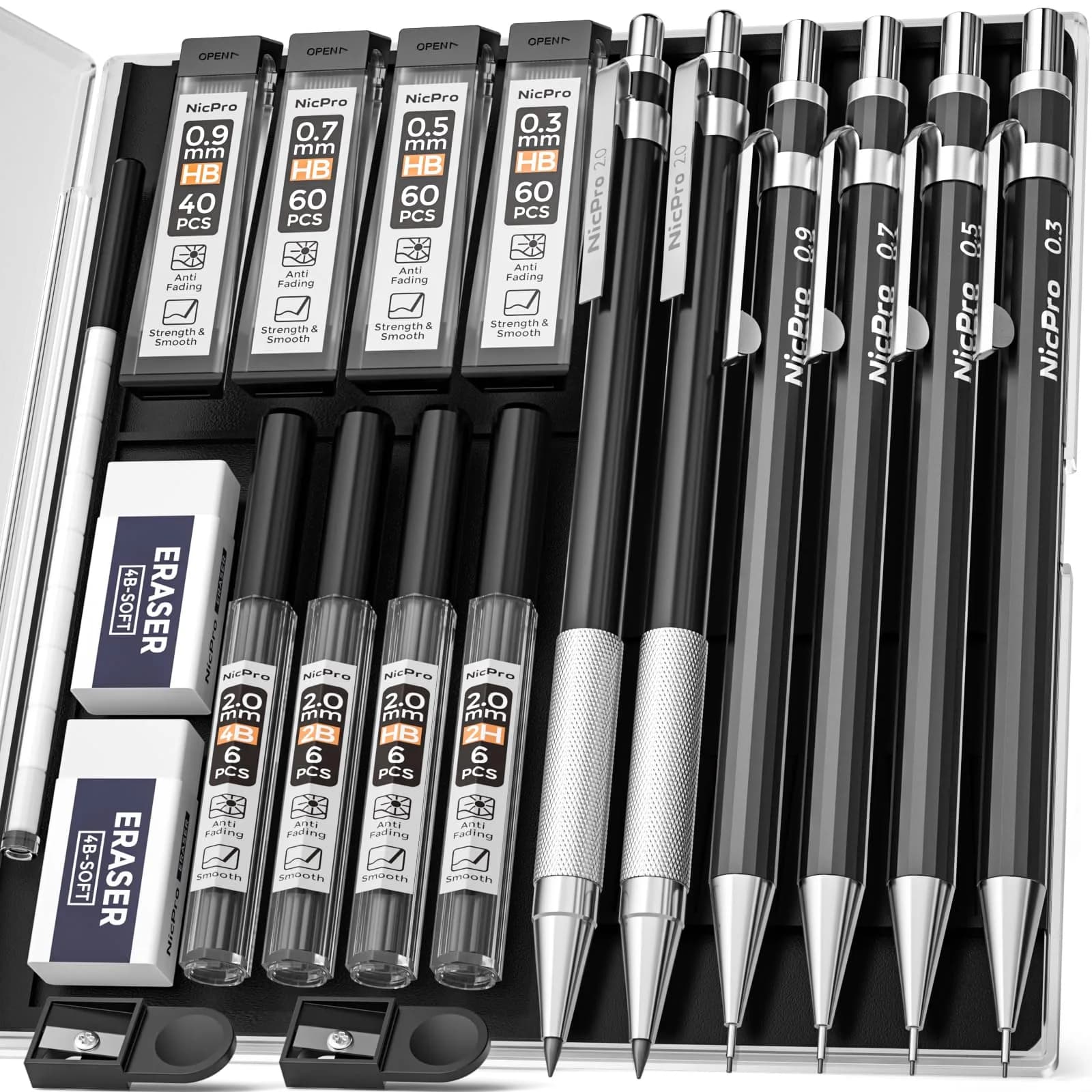 Nicpro 6 PCS Art Mechanical Pencil Set, Black Metal Drafting Pencils 0.3, 0.5, 0.7, 0.9 mm & 2PCS 2mm Lead Holders | Artist & Student Favorite