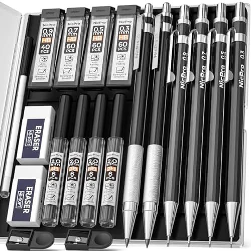 Nicpro 6 PCS Art Mechanical Pencil Set, Black Metal Drafting Pencils 0.3, 0.5, 0.7, 0.9 mm & 2PCS 2mm Lead Holders | Artist & Student Favorite thumbnail 1