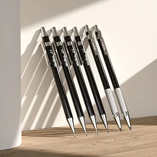 Nicpro 6 PCS Art Mechanical Pencil Set, Black Metal Drafting Pencils 0.3, 0.5, 0.7, 0.9 mm & 2PCS 2mm Lead Holders | Artist & Student Favorite thumbnail 6
