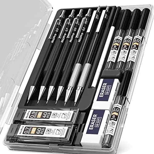 Nicpro 6 PCS Art Mechanical Pencil Set, Black Metal Drafting Pencils 0.3, 0.5, 0.7, 0.9 mm & 2PCS 2mm Lead Holders | Artist & Student Favorite thumbnail 9