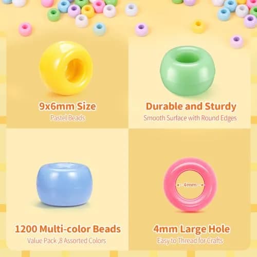Simetufy Pony Beads 1200 pcs Macaron Pastel Colored Beads for Crafts | 6x9mm Plastic Beads for Jewelry & DIY Projects thumbnail 4