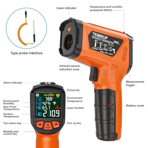 Temirup Infrared Thermometer Gun -58°F to 1472°F | Non Contact Digital Laser Temp Gun with Color LCD thumbnail 9