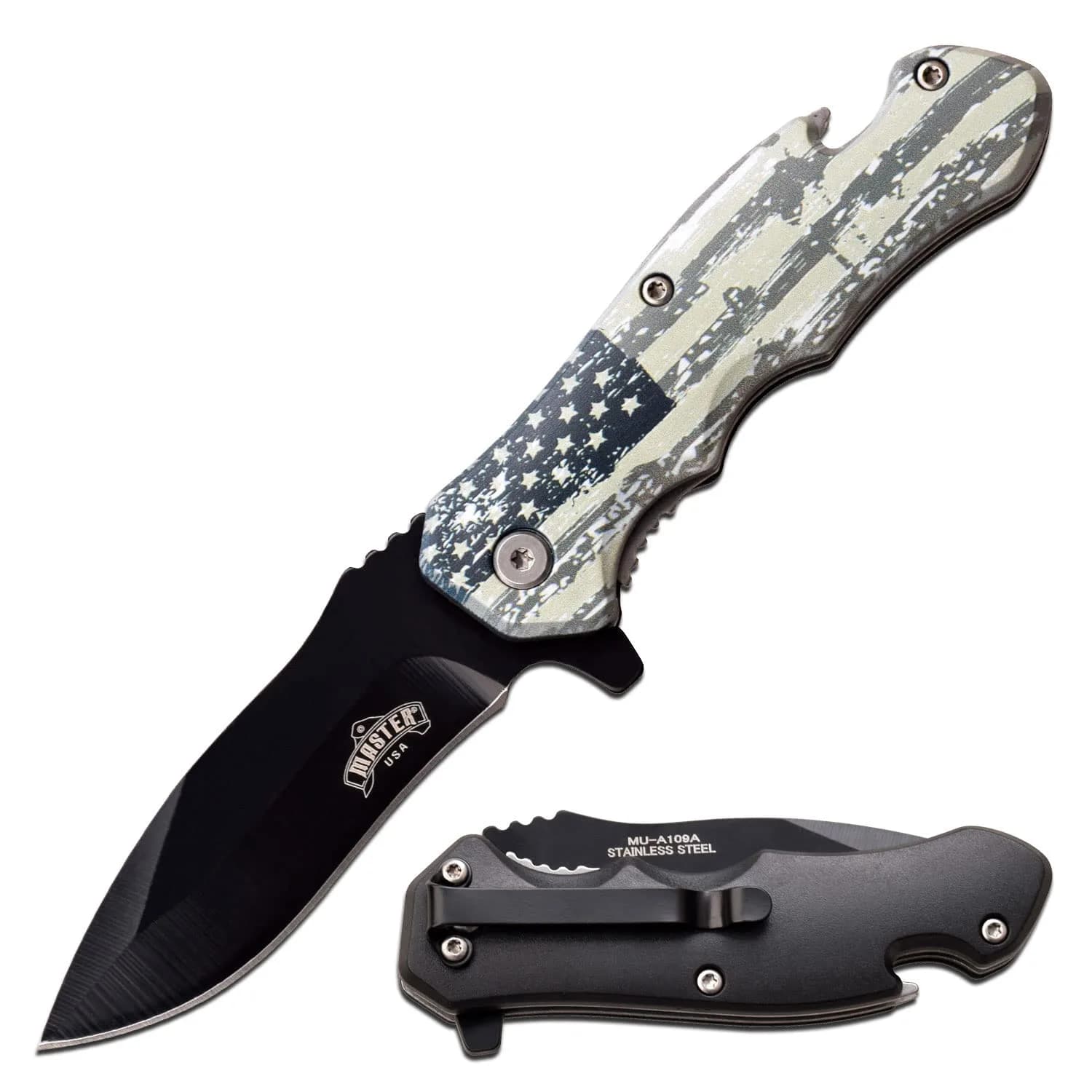 MASTER USA Spring Assisted Folding Knife 7.75in | Black Stainless Steel Blade, U.S. Flag Handle, Bottle Opener