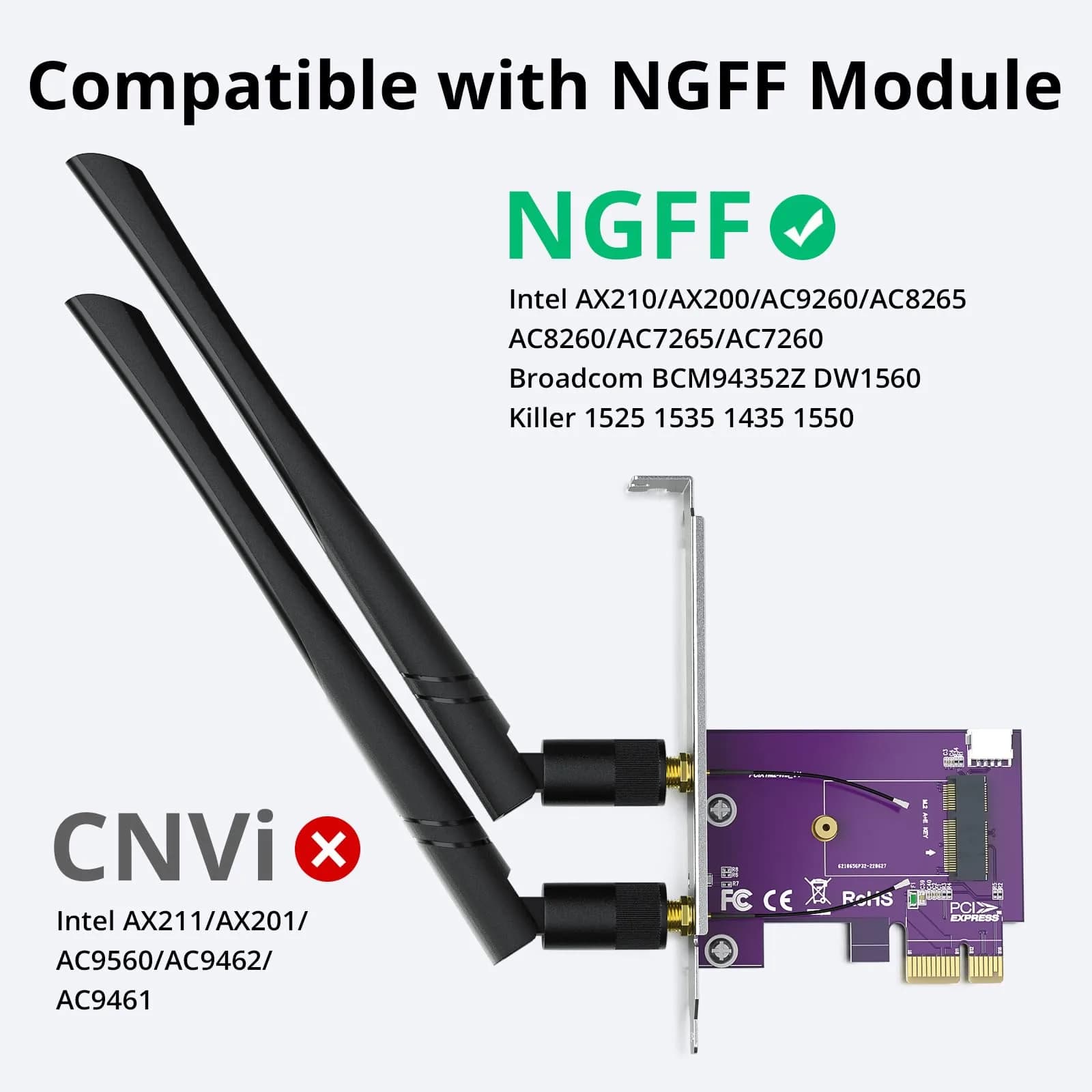 10Gtek PCIe x1 to M.2 WiFi Bluetooth Adapter Card | Supports A+E Key NGFF Modules, Dual-Band 2.4/5GHz, 2X 5dBi Antennas - view 5