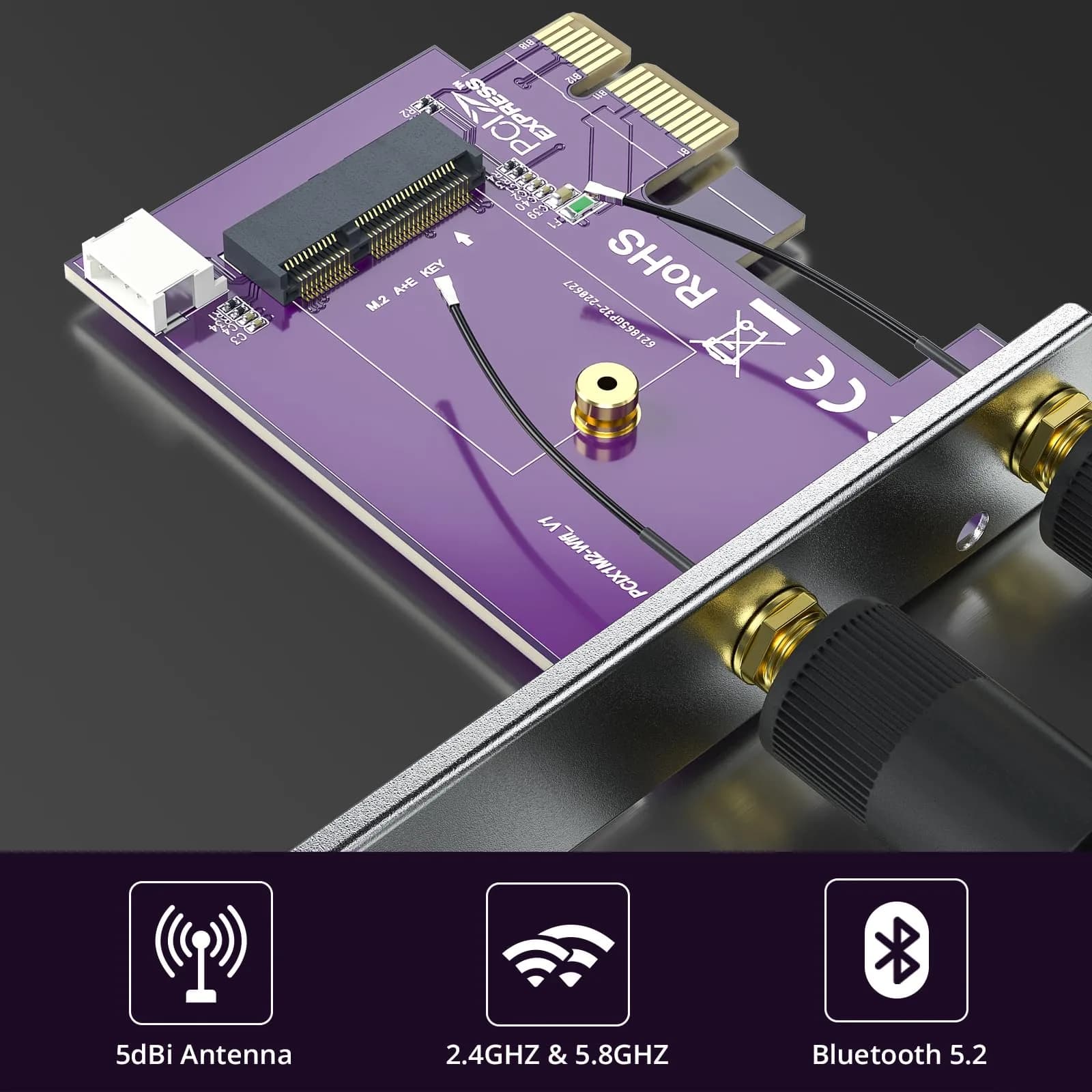 10Gtek PCIe x1 to M.2 WiFi Bluetooth Adapter Card | Supports A+E Key NGFF Modules, Dual-Band 2.4/5GHz, 2X 5dBi Antennas - view 7