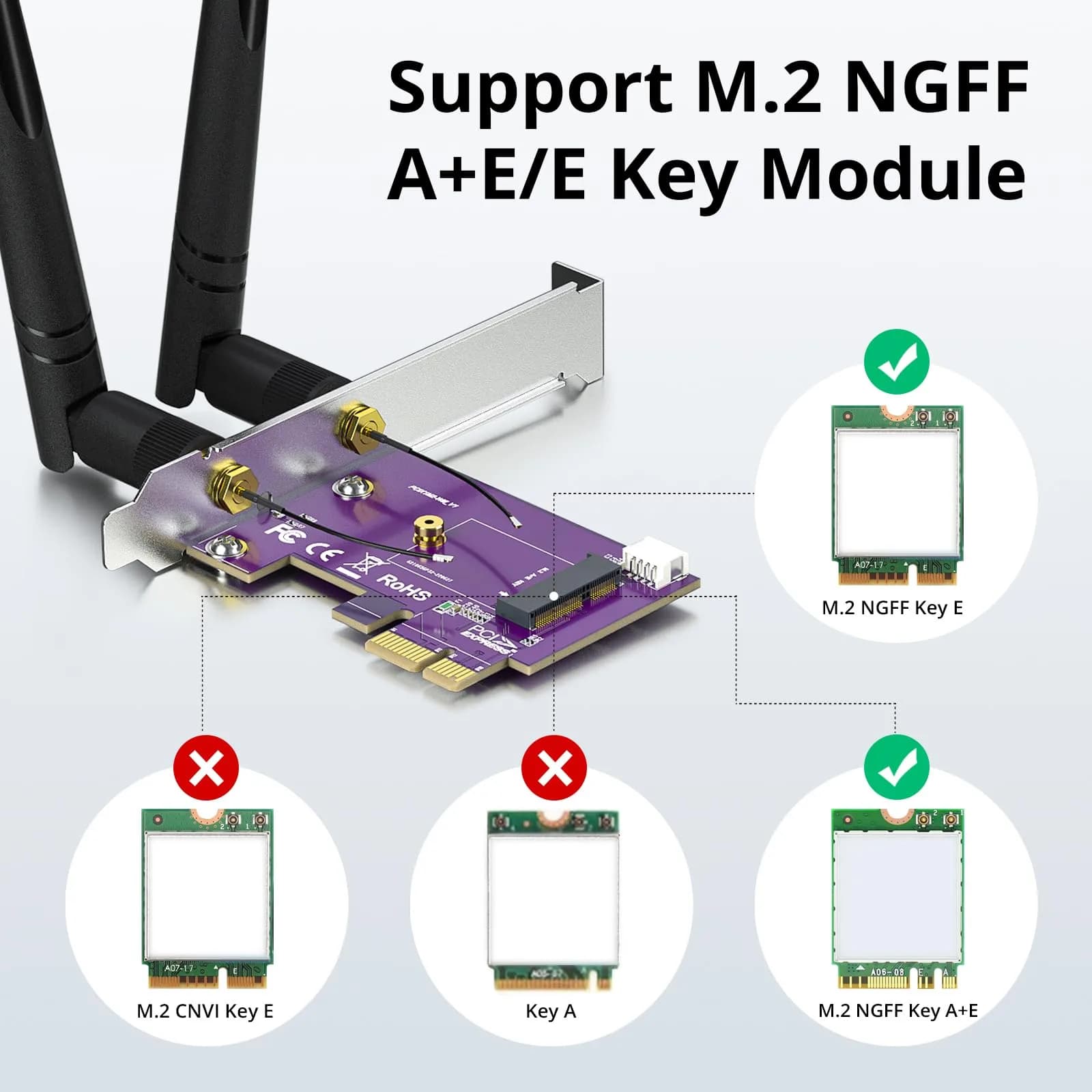 10Gtek PCIe x1 to M.2 WiFi Bluetooth Adapter Card | Supports A+E Key NGFF Modules, Dual-Band 2.4/5GHz, 2X 5dBi Antennas - view 4