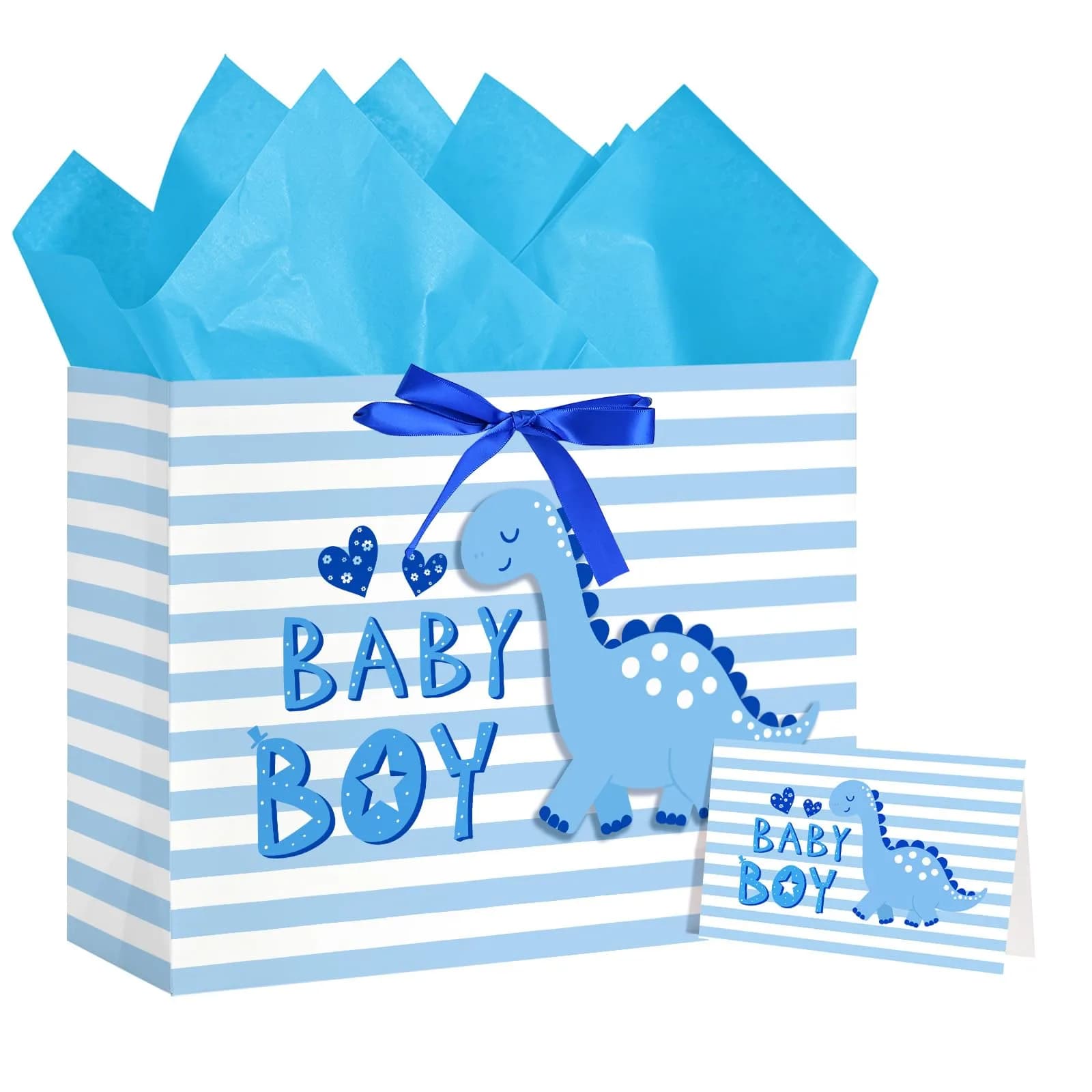 Loveinside Baby Boy Gift Bag Blue Dinosaur Design 13" x 10" x 5" | Baby Shower Gift Bag with Tissue & Greeting Card
