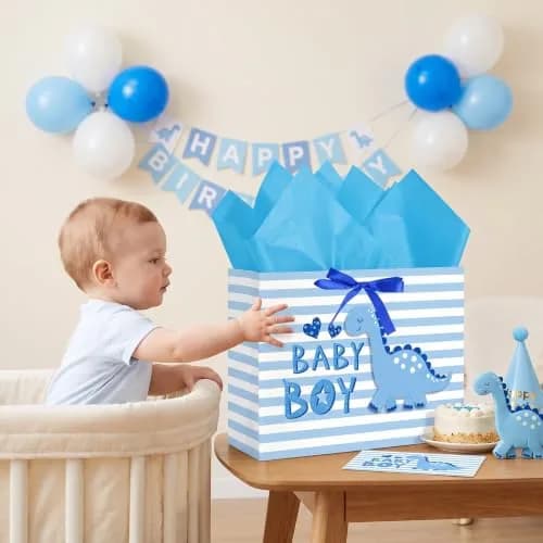 Loveinside Baby Boy Gift Bag Blue Dinosaur Design 13" x 10" x 5" | Baby Shower Gift Bag with Tissue & Greeting Card thumbnail 4